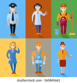 Vector illustration set of men and women of different professions. 6 people type of characters engaged in various sectors