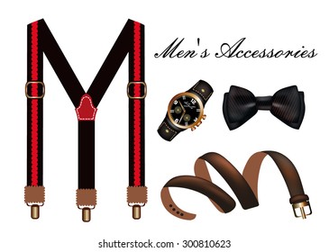 Vector illustration of a set of men's classic Accessories.Tie, belt, watches and men's suspenders