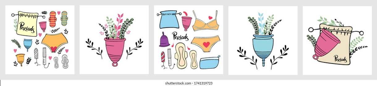 Ilustración vectorial, set. colección de tarjetas de menstruación. Menstruación. Punto. Productos de higiene femenina. Copa Menstrual. Panties, toallas, tazas. Protección menstrual, higiene femenina.