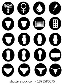 Vector illustration set of menstruation icons - drop of blood, panties, uterus, pads, menstrual cups, tampon, calendar, pills, female sign. Black