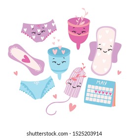 Ilustración vectorial, set. Menstruación. Período. Productos de higiene femeninos. Copa Menstrual. Panzas, toallas, tazas. Protección menstrual, higiene femenina.