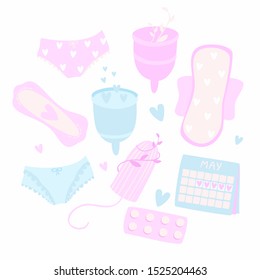 Vector illustration, set. Menstruation. Period. Feminine hygiene products. Menstrual cup. Panties, pads, cups. Menstrual protection, feminine hygiene.