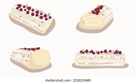 Vector illustration of set meringue mascarpone cheese air roll, with blueberries and raspberries, in different angles.