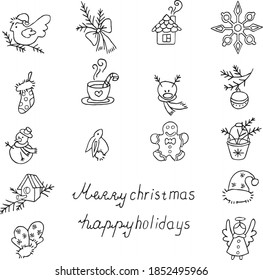 Ilustración vectorial de Feliz Navidad y Feliz Año Nuevo.  Ilustración vectorial para la terapia artística, colorear, para tarjetas de felicitación, afiches, pegatinas, diseño, papel tapiz, tatuaje.