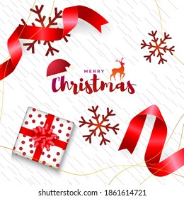 Vector illustration set of Merry Christmas greeting cards, gifts, ribbons, snowflakes, santa cap, deer, holiday wishes, social media template.