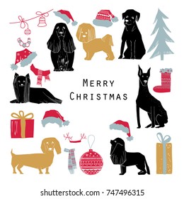 Vector illustration of set Merry Christmas Dogs with Santa hat. Scandinavian xmas elements with vintage, natural color. Christmas tree, ball, gift and christmas boot.