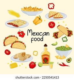 Vector illustration of a set of Mexican cuisine dishes and vegetables.