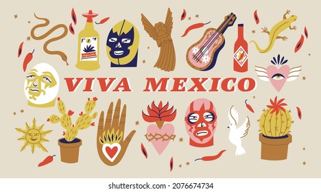 Vector illustration set of mexican culture symbols with traditional objects catholic religion symbolic