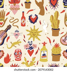 Vector illustration set of mexican culture symbols with traditional objects catholic religion symbolic. Seamless pattern.