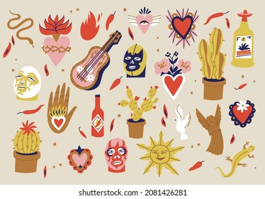 Vector illustration set of mexican culture symbols with traditional objects catholic religion symbolic.