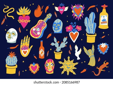 Vector illustration set mexican culture symbols and traditional objects catholic religion symbolic