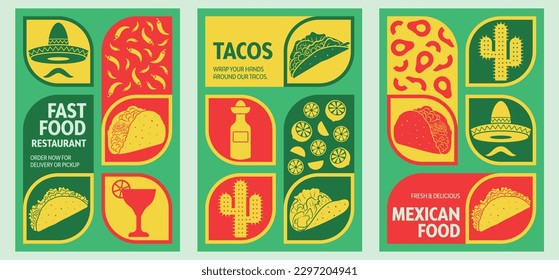 Vector illustration of a set of Mexican fast food tacos menu! Perfect for your street food menu design needs. Tacos cooking ingredients for poster design for social media marketing, banner, backround.