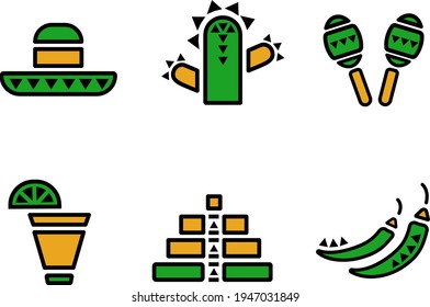 Vector illustration set of mexican icons. Green and orange icons of sombrero, cactus, maracas, tequila, pyramid and hot pepper.