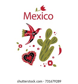 Vector illustration set of Mexico, bird, cactus, heart, flowers for printed on notebooks, t-shirts, bags, posters