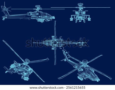 Vector Illustration set of a military helicopter. Combat vehicle wireframe.