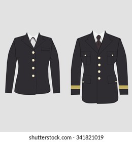 Vector illustration set of military uniform, warpaint male and female. Captain jacket with tie