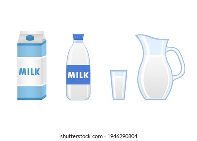 Vector illustration of a set of milk. Milk in packaging, in a bottle, in a jug, in a glass.