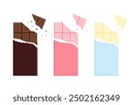 vector illustration of a set of milk, strawberry and white chocolate bars isolated on white for banners, greeting cards, flyers, social media wallpapers, etc.