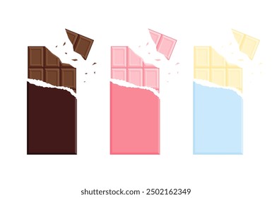 vector illustration of a set of milk, strawberry and white chocolate bars isolated on white for banners, greeting cards, flyers, social media wallpapers, etc.