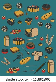 Vector illustration set of milk toast and cake. Come in vintage color combination.