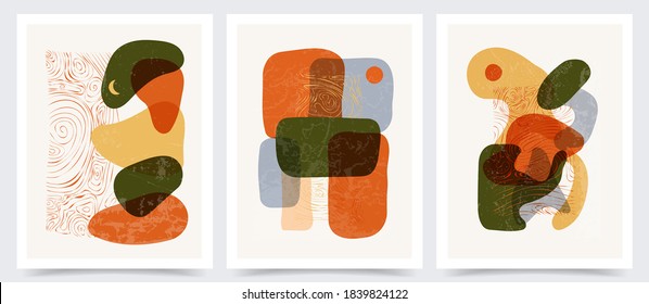 Vector illustration. Set of minimalist abstraction painting. Wavy shapes and lines. Old vintage concept. Design for cover, poster, postcard, card, flyer, brochure. Marble swirl pattern texture.