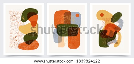 Vector illustration. Set of minimalist abstraction painting. Wavy shapes and lines. Old vintage concept. Design for cover, poster, postcard, card, flyer, brochure. Marble swirl pattern texture.