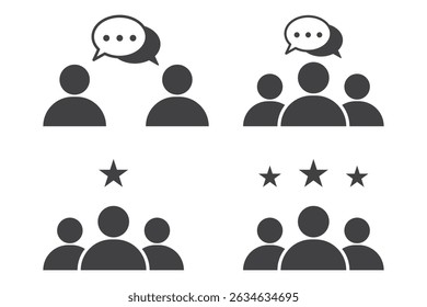 vector illustration Set of minimalist icons showing human figures, speech bubbles, and star ratings. Suitable for themes of feedback, teamwork, and communication.