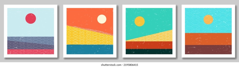 Vector illustration. Set of minimalist landscape. Abstract shapes. 70s retro funky graphic. Grunge texture. Bauhaus.