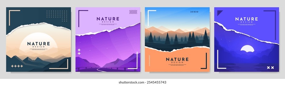 Vector illustration. Set of minimalist landscapes. Misty mountain range, evening highway, majestic forest, moonlight by lake. Geometric flat style. Polygonal shapes. Banner with torn paper effect