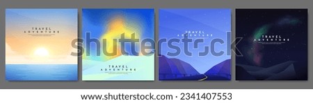 Vector illustration. Set of minimalist landscapes. Geometric flat style. Sunset near water, Arctic mountains, evening scene, night with Northern lights. Polygonal shapes. Futuristic travel concept