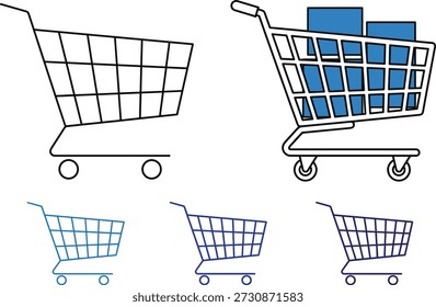Vector illustration set of minimalist shopping carts featuring empty wire frames and one cart filled with blue boxes.