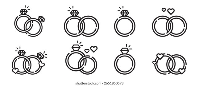 vector illustration Set of Minimalist Wedding Ring Icons with Hearts and Diamonds.