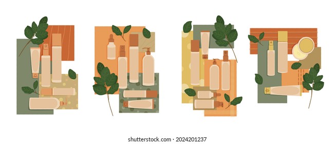 Vector illustration set of minimalistic cosmetic product mockups. Concept of organic and environment friendly cosmetic products advertisement. Flat cartoon style in pastel colors.