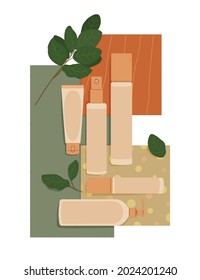 Vector illustration set of minimalistic cosmetic product mockups. Concept of organic and environment friendly cosmetic products advertisement. Flat cartoon style in pastel colors.