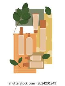 Vector illustration set of minimalistic cosmetic product mockups. Concept of organic and environment friendly cosmetic products advertisement. Flat cartoon style in pastel colors.