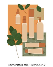 Vector illustration set of minimalistic cosmetic product mockups. Concept of organic and environment friendly cosmetic products advertisement. Flat cartoon style in pastel colors.