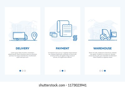 Vector Illustration set of mobile app onboarding screens. Payment methods, warehouse, delivery.Template For Mobile Apps