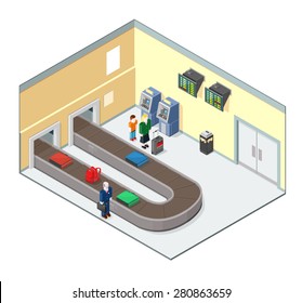 A vector illustration set in a modern airport baggage reclaim interior.
Isometric Baggage Reclaim illustration icon.
Interior of modern airport. With baggage on conveyor belt.