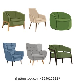 Vector illustration set of modern armchairs and sofas in different shapes and colors. Perfect for interior design, furniture catalogs, or home decor visual assets.