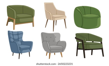 Vector illustration set of modern armchairs and sofas in different shapes and colors. Perfect for interior design, furniture catalogs, or home decor visual assets.