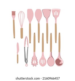 Vector Illustration, A Set Of Modern Cooking Utensils With Pink Edges, Flat Cartoon Design Style.