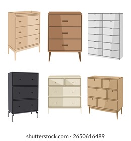 Vector illustratie set van moderne lade kasten en dressoirs in verschillende stijlen en kleuren. Ideaal voor interieurontwerp, meubelcatalogi of visuals van de thuisorganisatie.