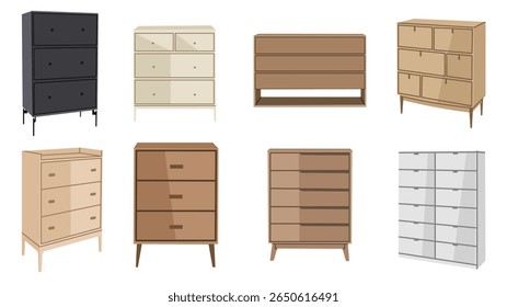 Conjunto de Ilustración vectorial de armarios de cajones y aparadores modernos en varios estilos y colores. Ideal para el diseño de interiores, catálogos de muebles o elementos visuales de organización del hogar.