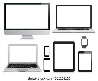 Vector illustration, set of modern electronic devices isolated on white background - laptop, computer monitor, smart watch, tablet pc and mobile smartphones