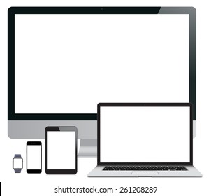 Vector illustration, set of modern electronic devices isolated on white background - laptop, computer monitor, smart watch, tablet pc and mobile smartphones