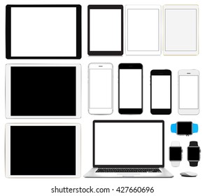 Vector illustration, set of modern electronic devices isolated on white background - laptop, computer, smartphone in two sizes smart watch, tablet pc in different colors and sizes