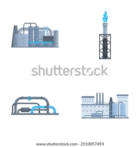 Vector illustration set of modern industrial facility icons for manufacturing. Refinery. And energy production infrastructure. Including equipment. Machinery. And systems for petrochemical. Chemical