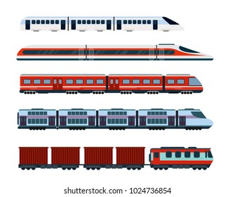 Vector illustration set of modern passenger trains. Subway transport, high speed trains and underground train. Metro train in flat style.