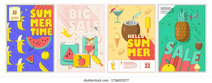 Vector illustration. A set of modern posters. Summer backgrounds, summer time, big sales. Abstract backgrounds.