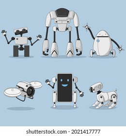 Vector illustration set modern robot cartoon character  winged,wheels style mobile,dog,drone,egg isolated.  With expressions Artificial Intelligence Concept on a blue background